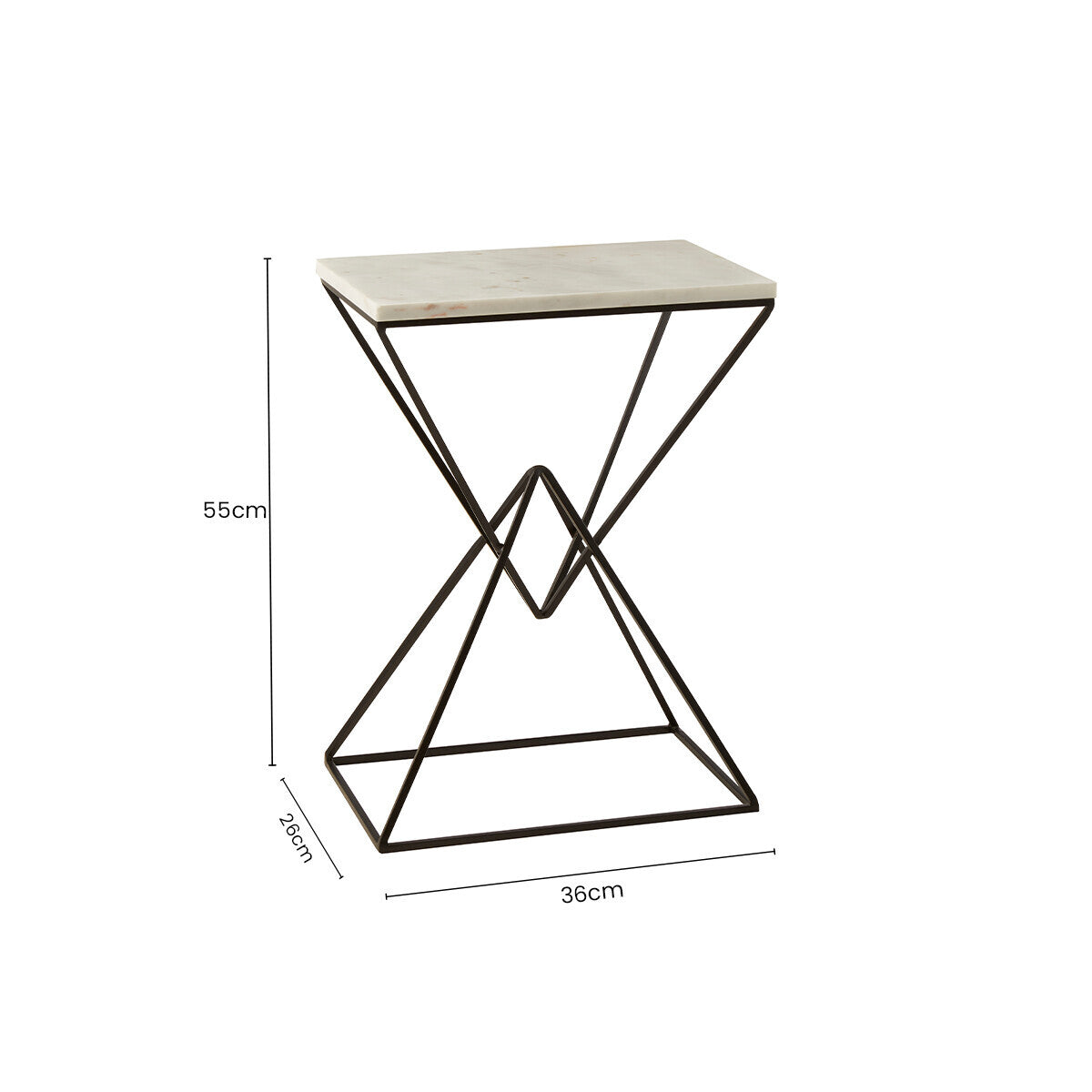 White Marble Side Table with Black Finish Double Pyramid Base