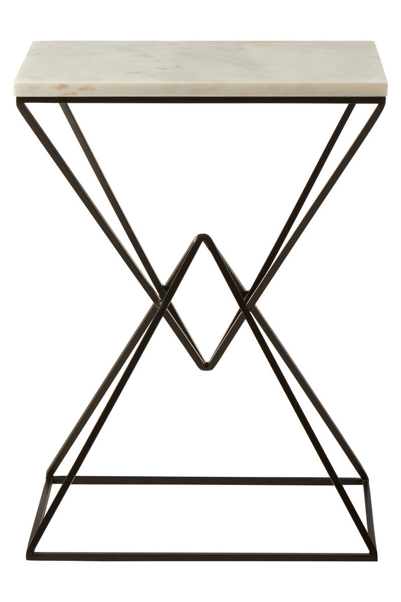 White Marble Side Table with Black Finish Double Pyramid Base