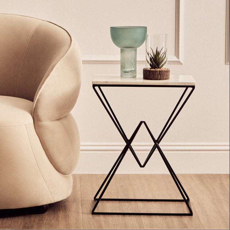 White Marble Side Table with Black Finish Double Pyramid Base