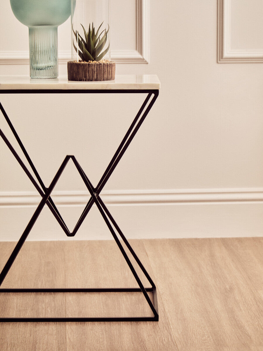 White Marble Side Table with Black Finish Double Pyramid Base