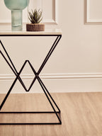White Marble Side Table with Black Finish Double Pyramid Base