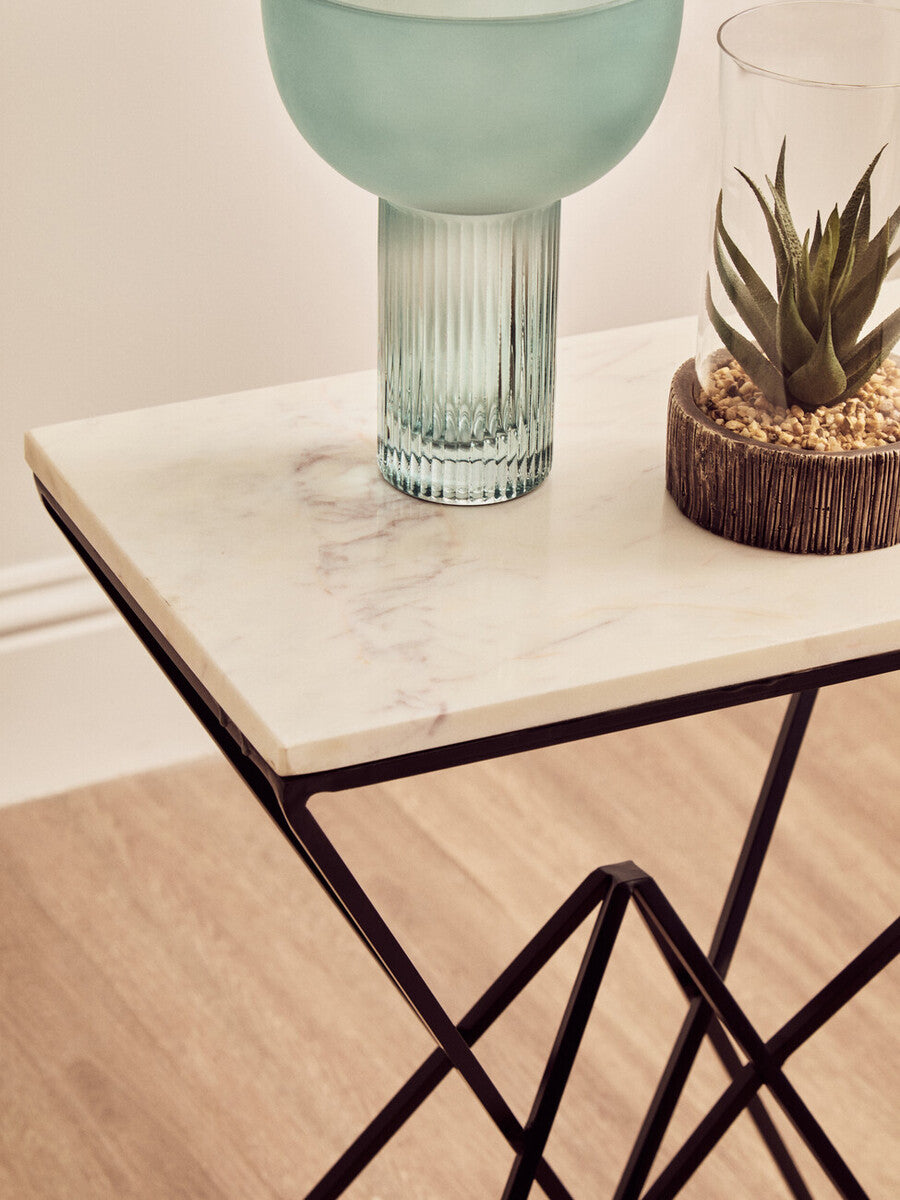 White Marble Side Table with Black Finish Double Pyramid Base