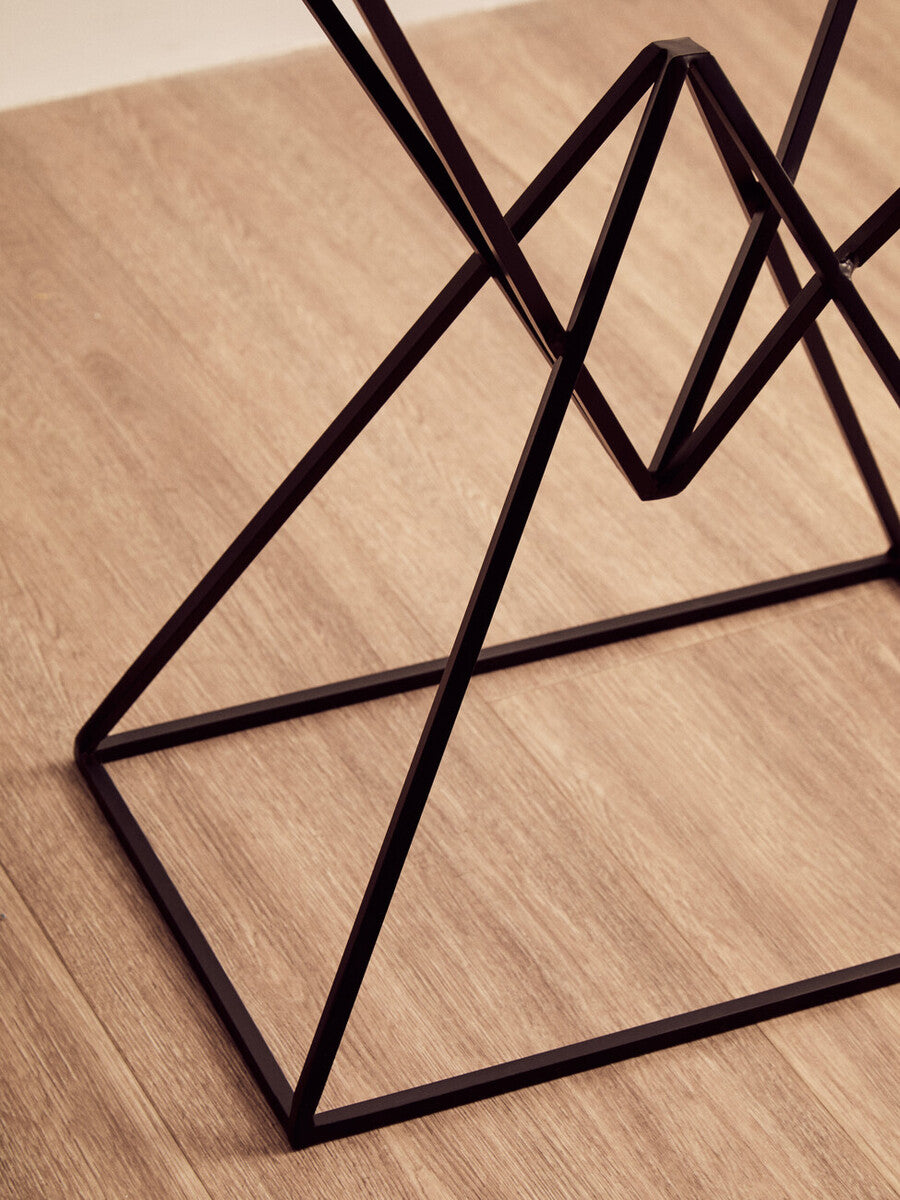 White Marble Side Table with Black Finish Double Pyramid Base