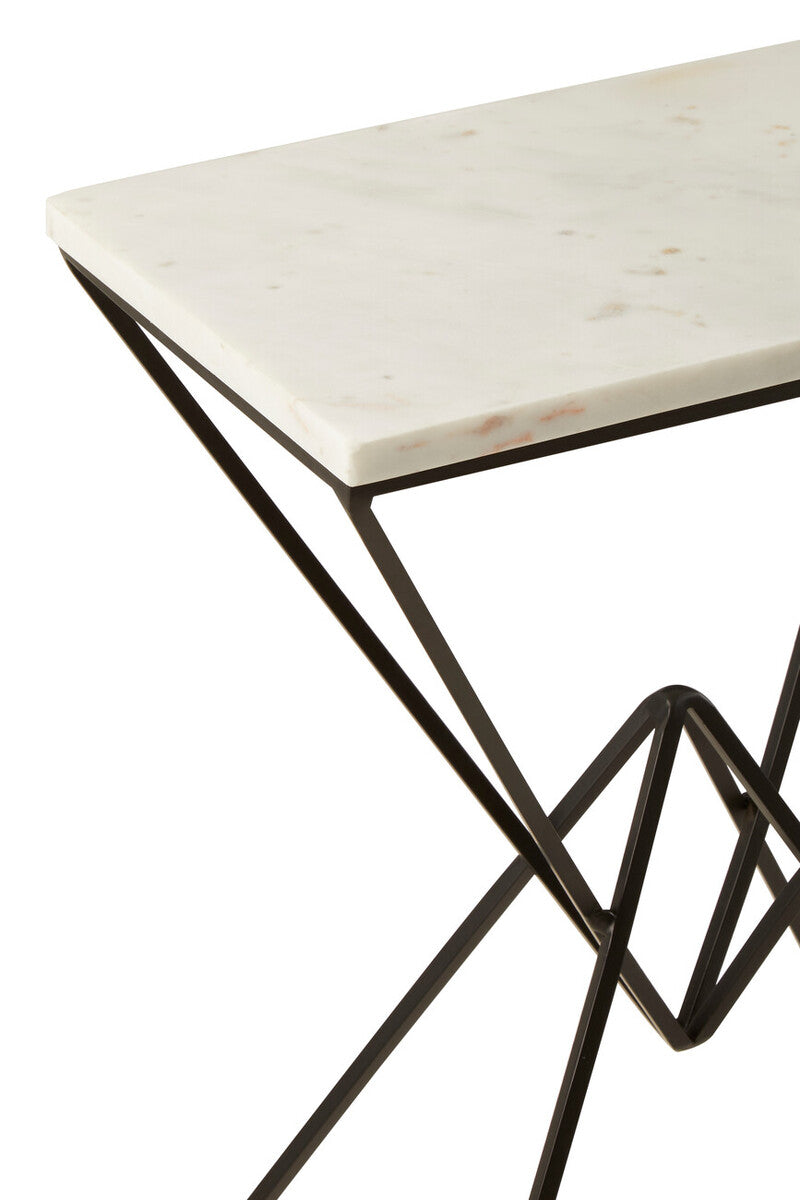 White Marble Side Table with Black Finish Double Pyramid Base