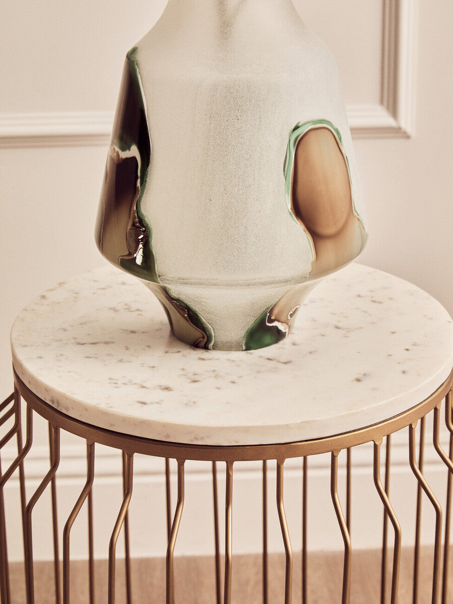 White Marble and Gold Finish Round Side Table
