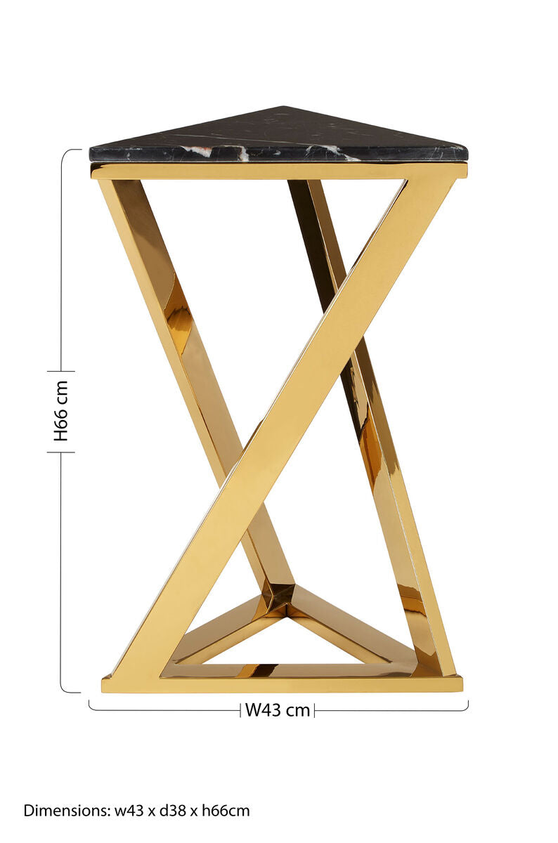 Black Marble and Gold Finish Triangular Side Table