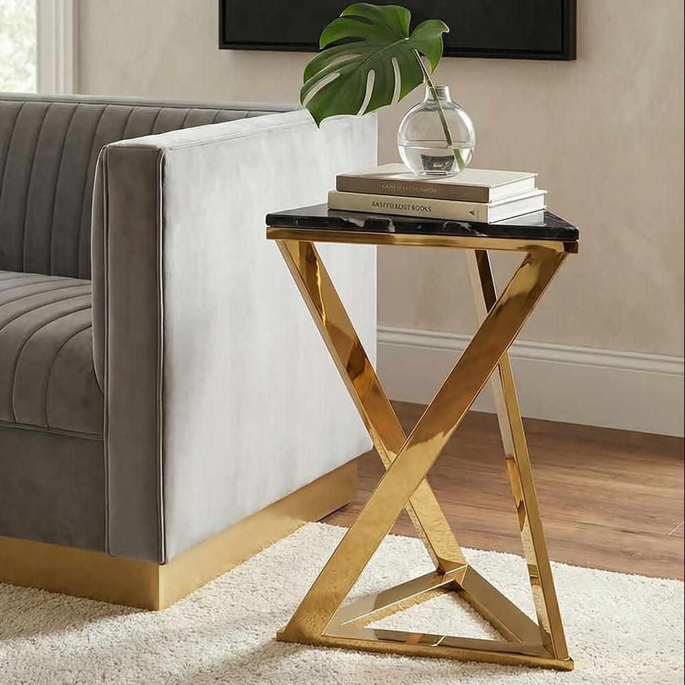 Black Marble and Gold Finish Triangular Side Table