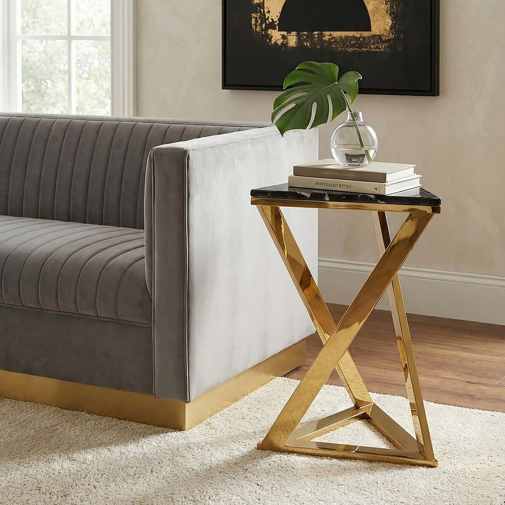 Black Marble and Gold Finish Triangular Side Table