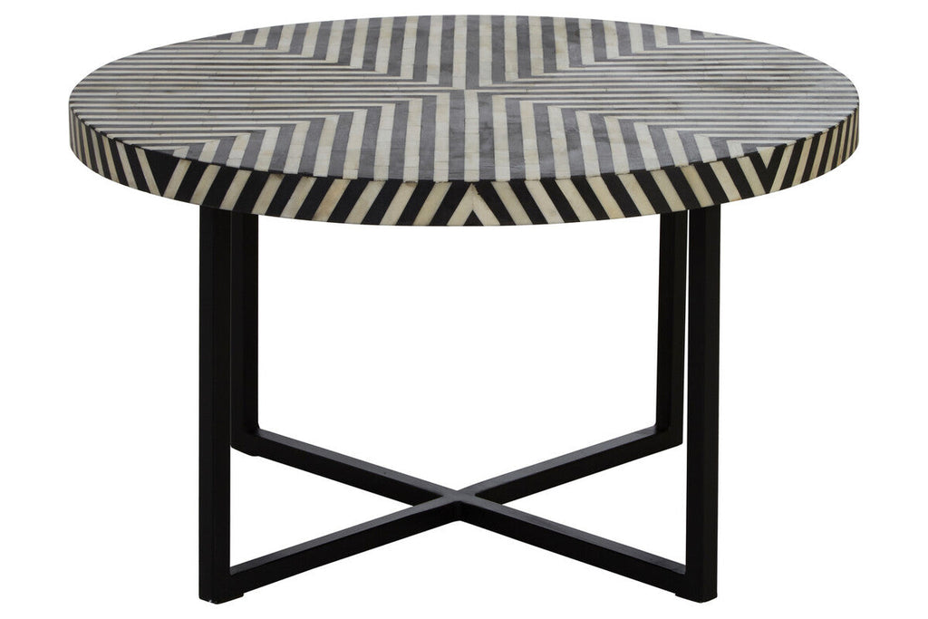 Boho Black and White Bone Inlay Coffee Table with Metal Base