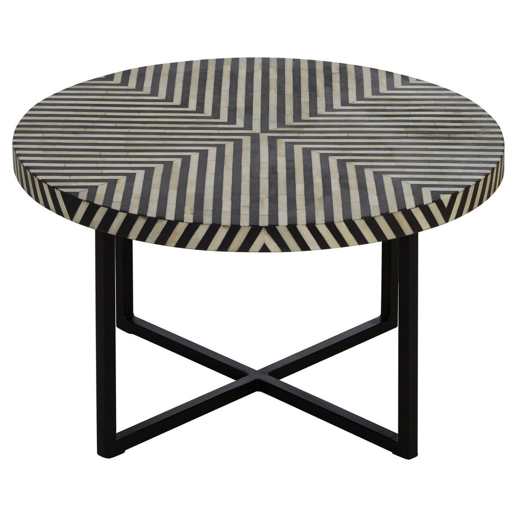 Boho Black and White Bone Inlay Coffee Table with Metal Base