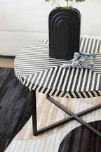 Boho Black and White Bone Inlay Coffee Table with Metal Base