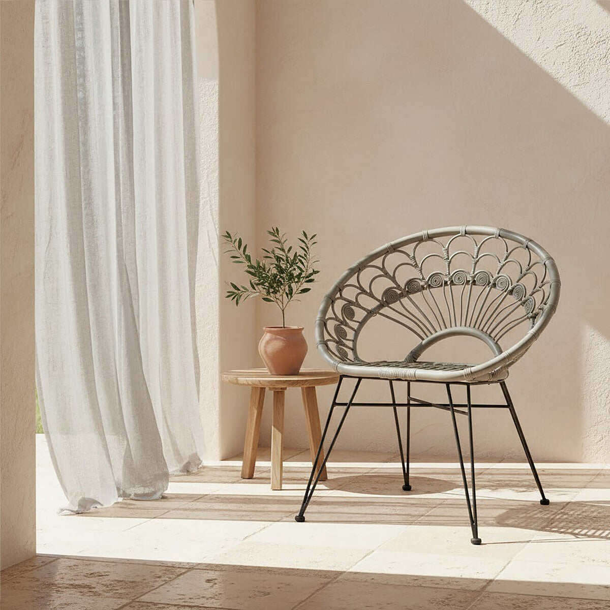 Grey Rattan Chair with Round Back