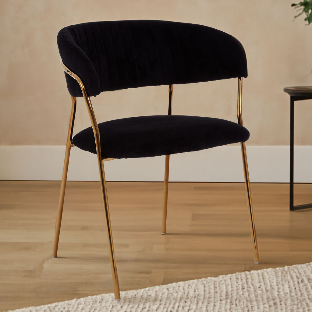 Black Velvet Channel Tufted Dining Chair with Gold Finish Legs