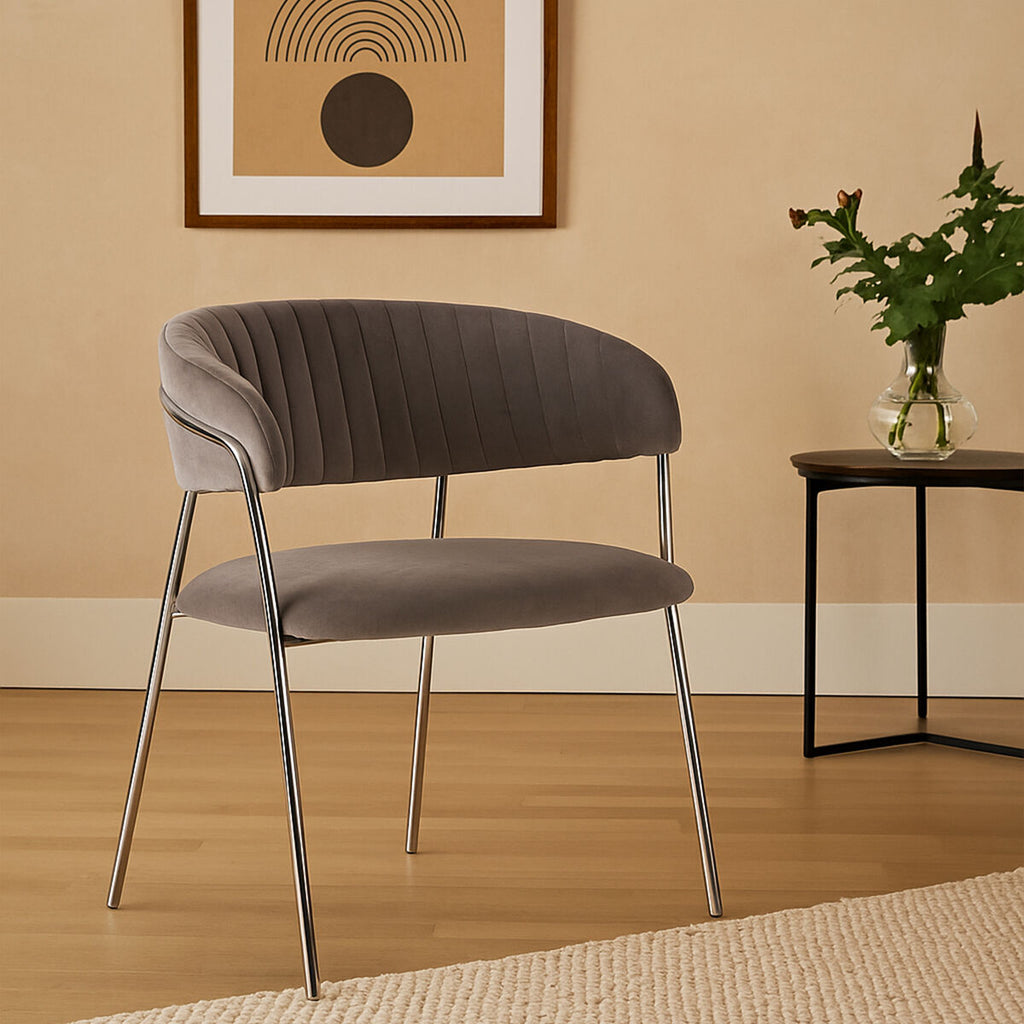 Mink Velvet Channel Tufted and Chrome Finish Dining Chair