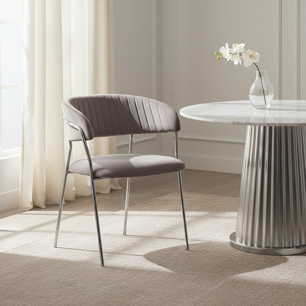 Mink Velvet Channel Tufted and Chrome Finish Dining Chair