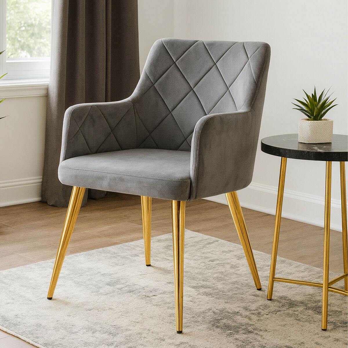 Mink Velvet Quilted Dining Chair with Gold Finish Legs