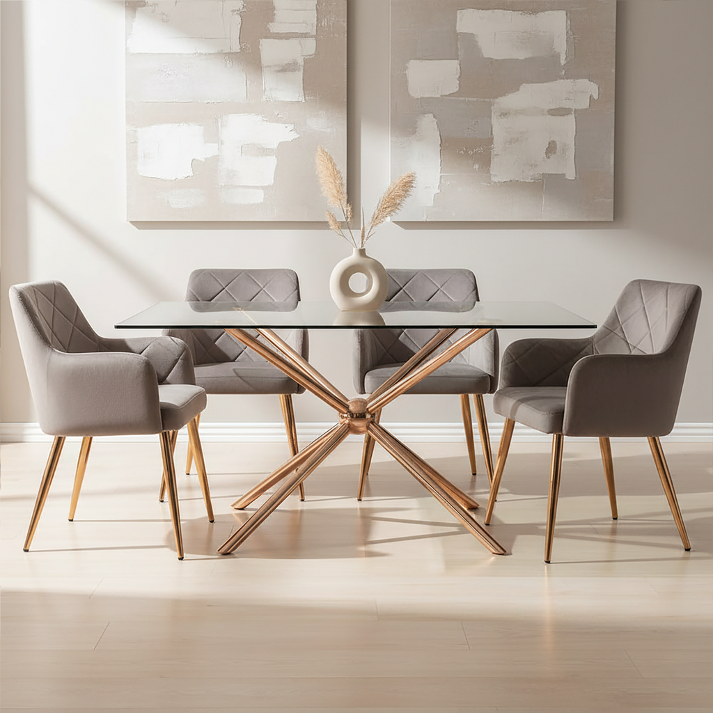 Mink Velvet Quilted Dining Chair with Gold Finish Legs