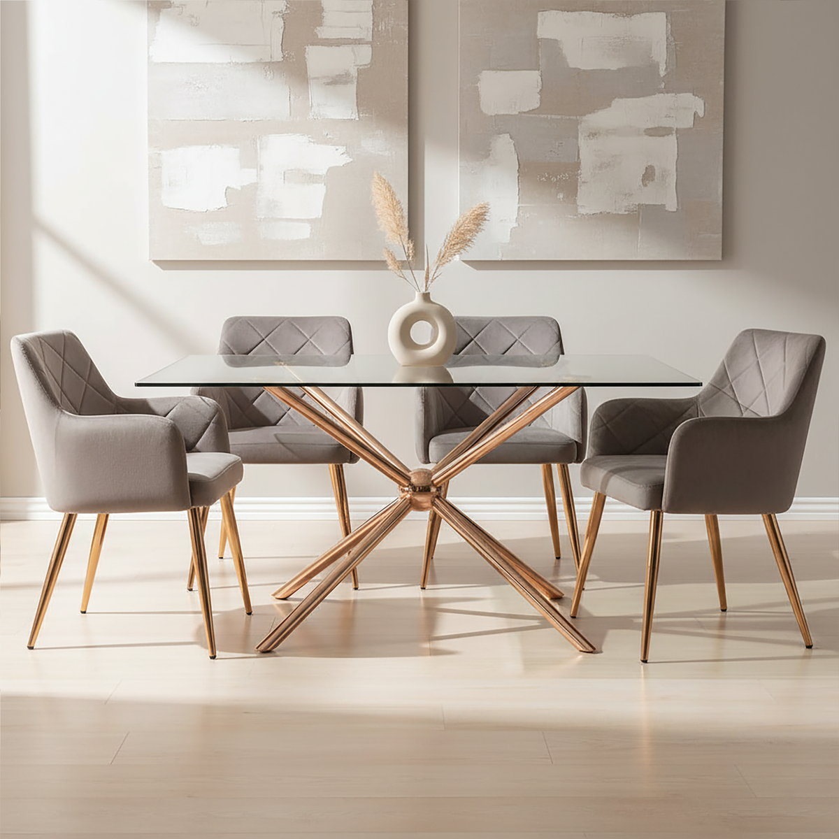 Mink Velvet Quilted Dining Chair with Gold Finish Legs