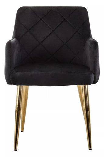 Black Velvet Quilted Dining Chair with Gold Finish Legs