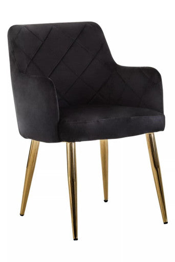 Black Velvet Quilted Dining Chair with Gold Finish Legs