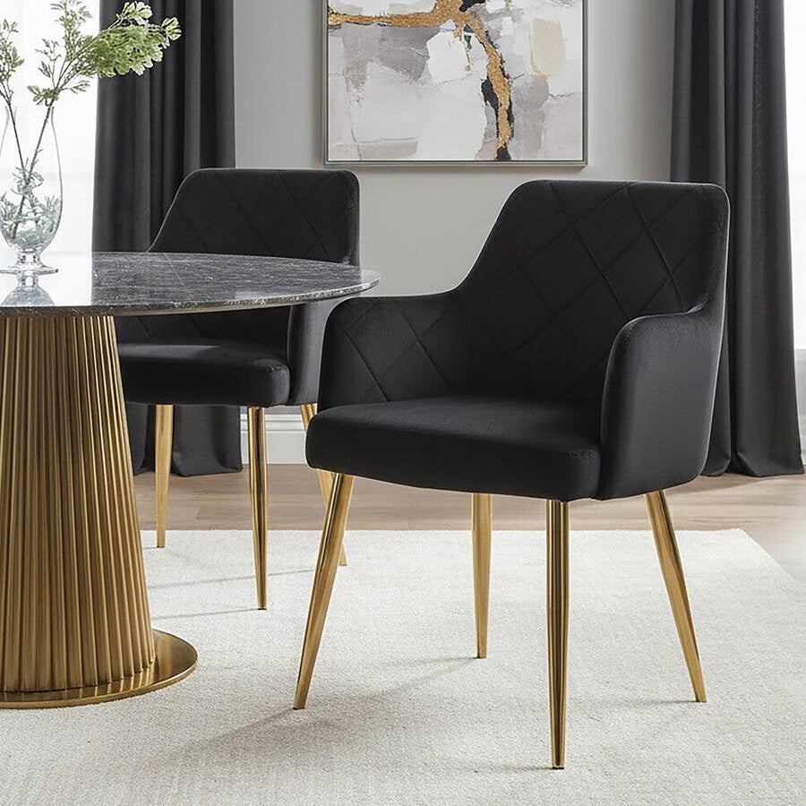 Black Velvet Quilted Dining Chair with Gold Finish Legs