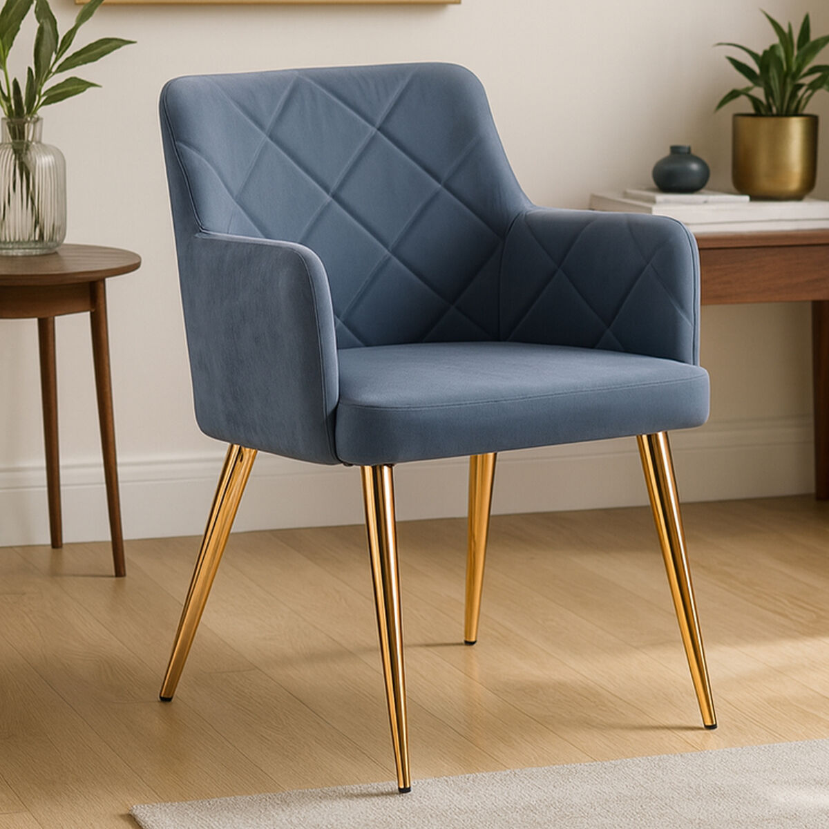 Dark Grey Leather Effect Quilted Dining Chair with Gold Metal Legs
