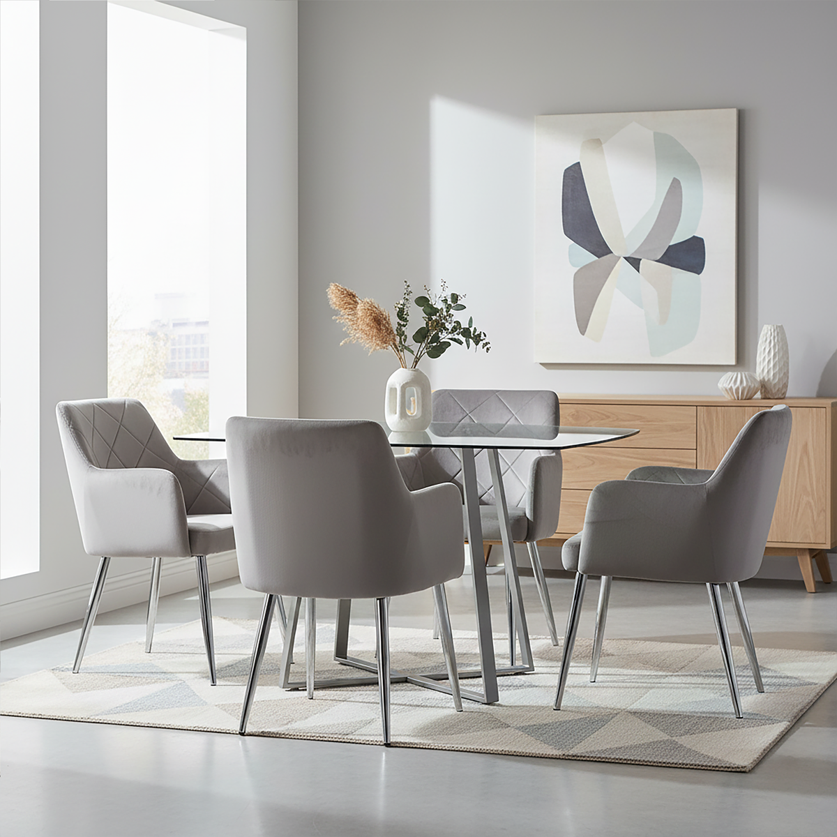 Mink Velvet Quilted Dining Chair with Chrome Finish Legs