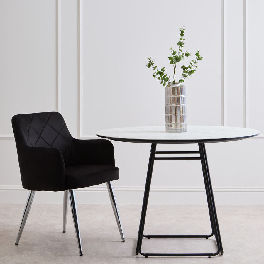 Black Velvet Quilted Dining Chair with Chrome Finish Legs