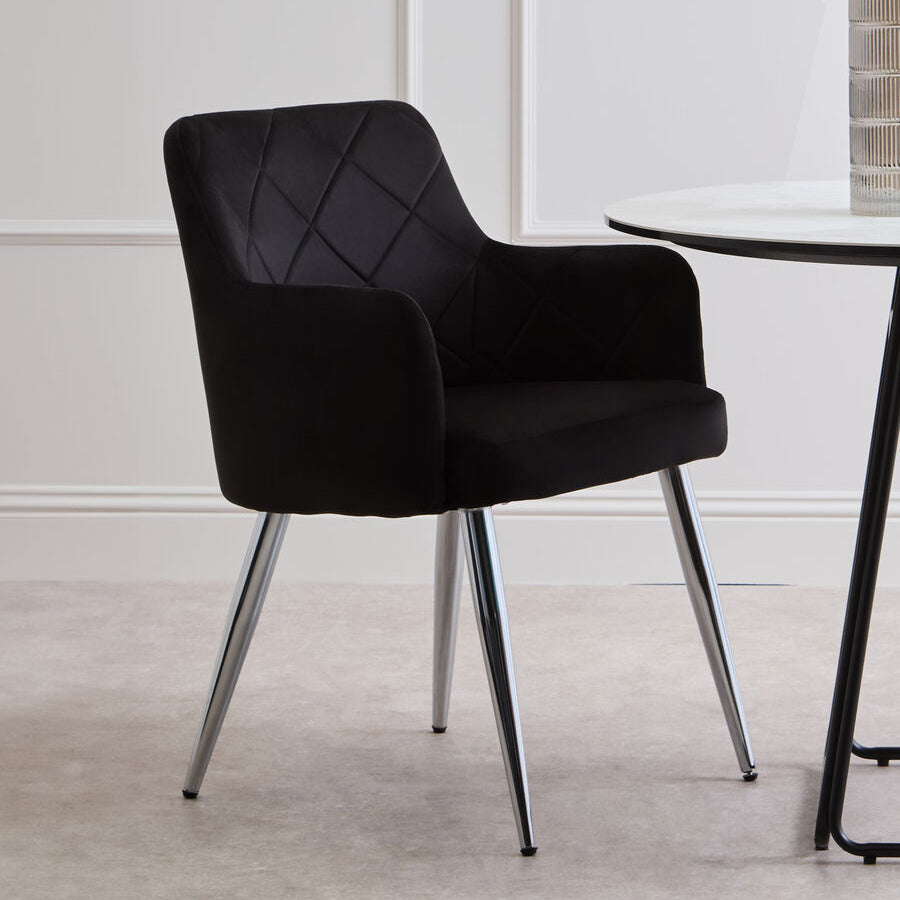 Black Velvet Quilted Dining Chair with Chrome Finish Legs