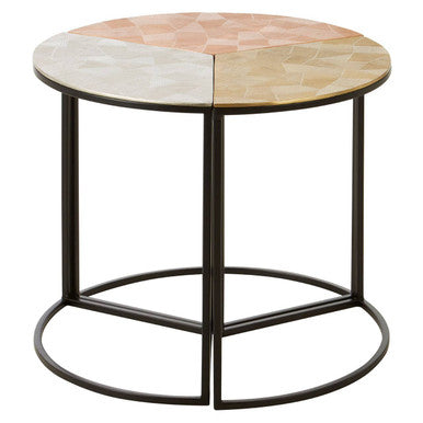 Set of 3 Assorted Etched Geometric Details Round Top Side Tables with Black Metallic Base