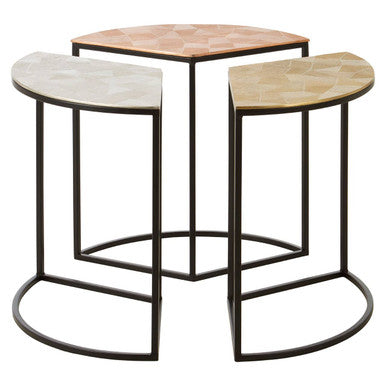Set of 3 Assorted Etched Geometric Details Round Top Side Tables with Black Metallic Base