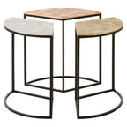 Set of 3 Assorted Etched Geometric Details Round Top Side Tables with Black Metallic Base