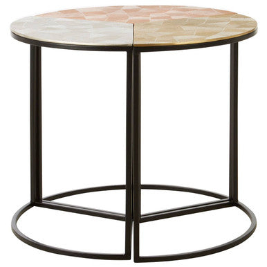 Set of 3 Assorted Etched Geometric Details Round Top Side Tables with Black Metallic Base