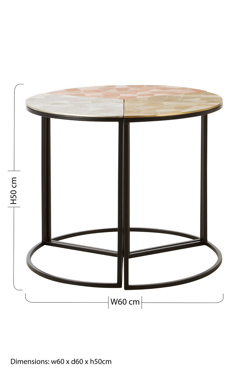 Set of 3 Assorted Etched Geometric Details Round Top Side Tables with Black Metallic Base