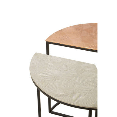 Set of 3 Assorted Etched Geometric Details Round Top Side Tables with Black Metallic Base