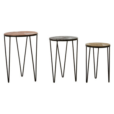 Set of 3 Assorted Textured Round Top Side Tables with Black Metallic Hairpin Legs