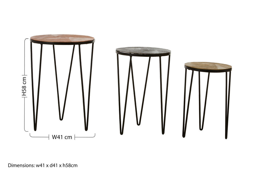 Set of 3 Assorted Textured Round Top Side Tables with Black Metallic Hairpin Legs