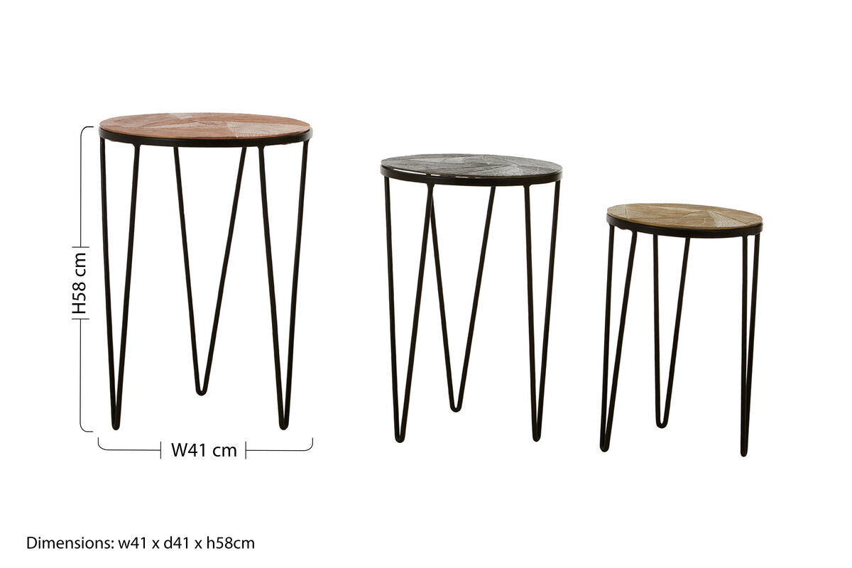 Set of 3 Assorted Textured Round Top Side Tables with Black Metallic Hairpin Legs