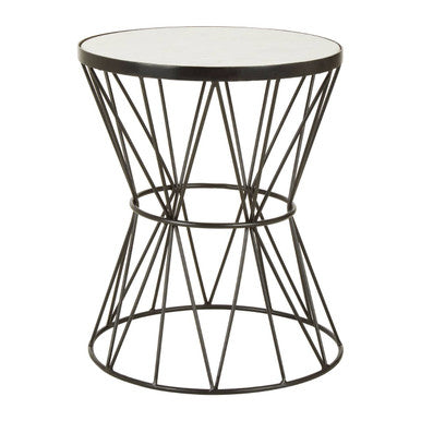 White Marble Top Side Table with Powder-Coated Black Iron Corset Base
