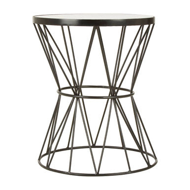 White Marble Top Side Table with Powder-Coated Black Iron Corset Base