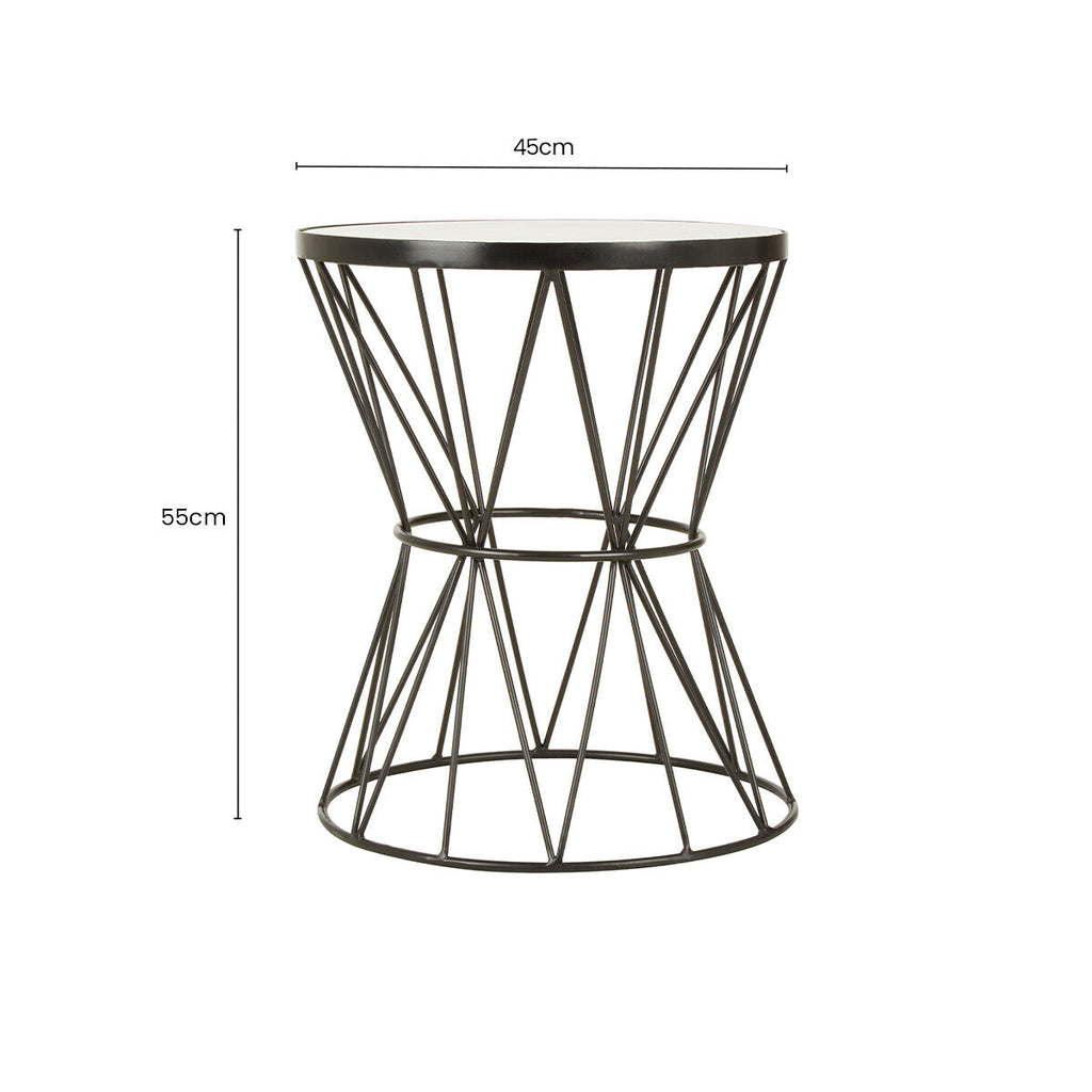 White Marble Top Side Table with Powder-Coated Black Iron Corset Base
