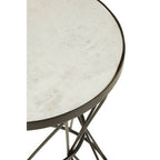 White Marble Top Side Table with Powder-Coated Black Iron Corset Base