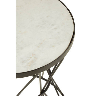 White Marble Top Side Table with Powder-Coated Black Iron Corset Base