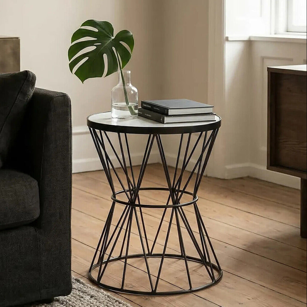 White Marble Top Side Table with Powder-Coated Black Iron Corset Base