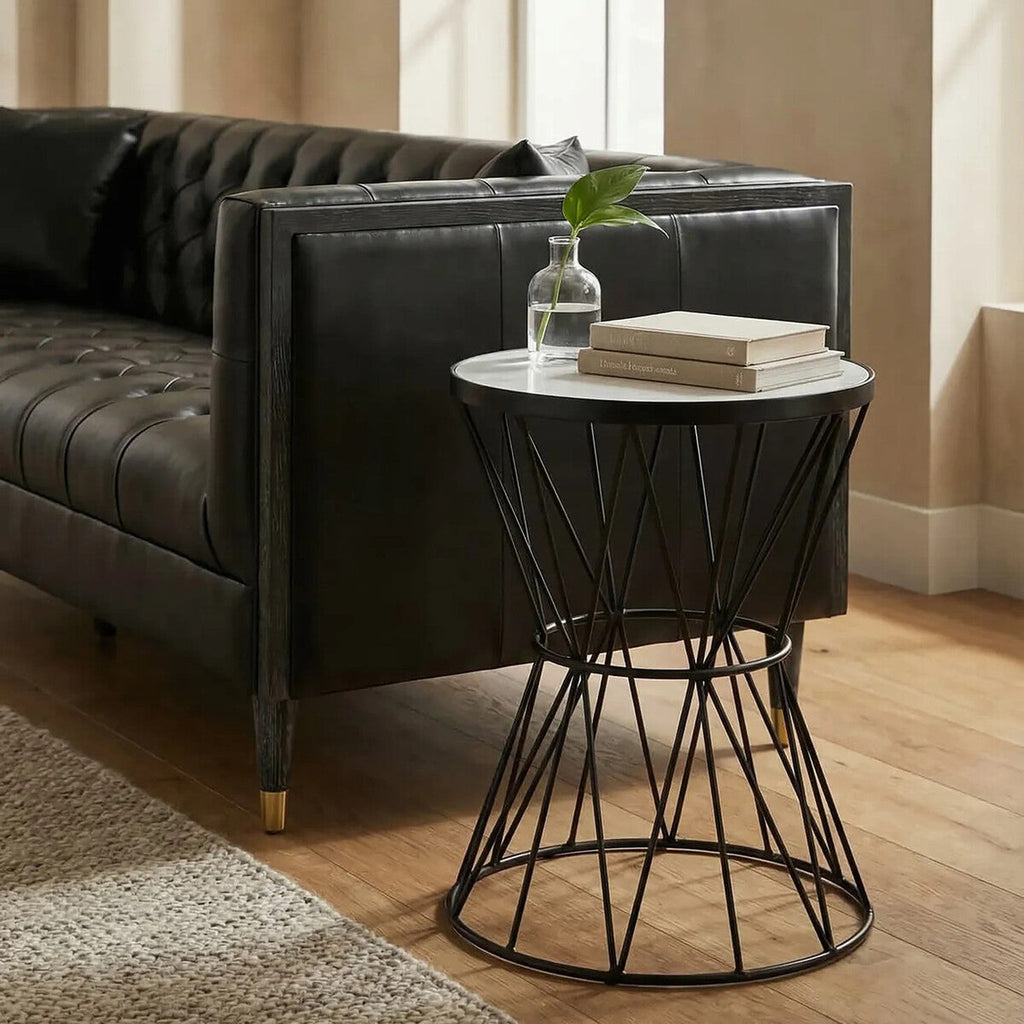 White Marble Top Side Table with Powder-Coated Black Iron Corset Base