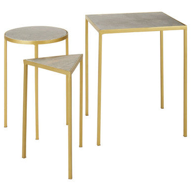 Grey Marble Top and Antique Brass Finish Set of 3 Nesting Tables