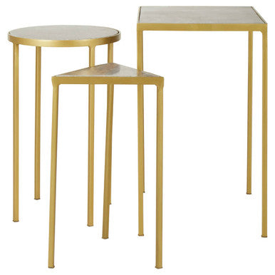 Grey Marble Top and Antique Brass Finish Set of 3 Nesting Tables