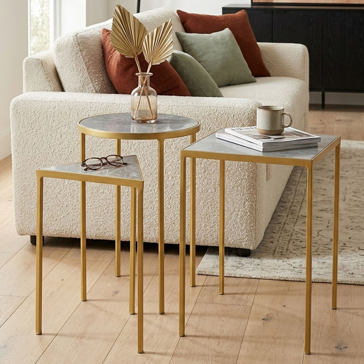 Grey Marble Top and Antique Brass Finish Set of 3 Nesting Tables