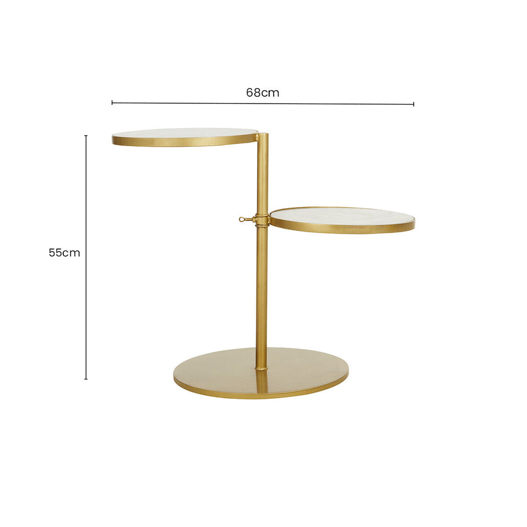 Gold Finish 2 Shelves Side Table with White Marble Tops