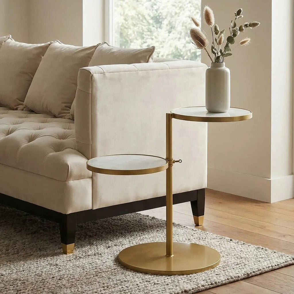 Gold Finish 2 Shelves Side Table with White Marble Tops
